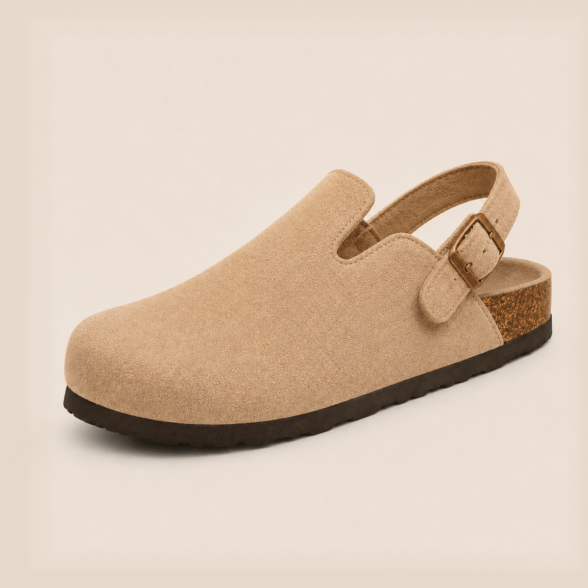 Komfrt Suede Backstrap Clogs – Taupe